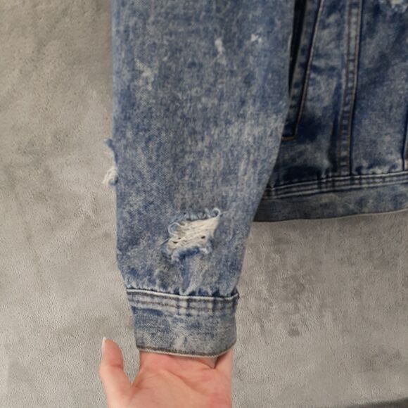 Carbon Mens Denim Trucker Jacket Acid Wash Ripped Distressed Blue Size L - Picture 7 of 9